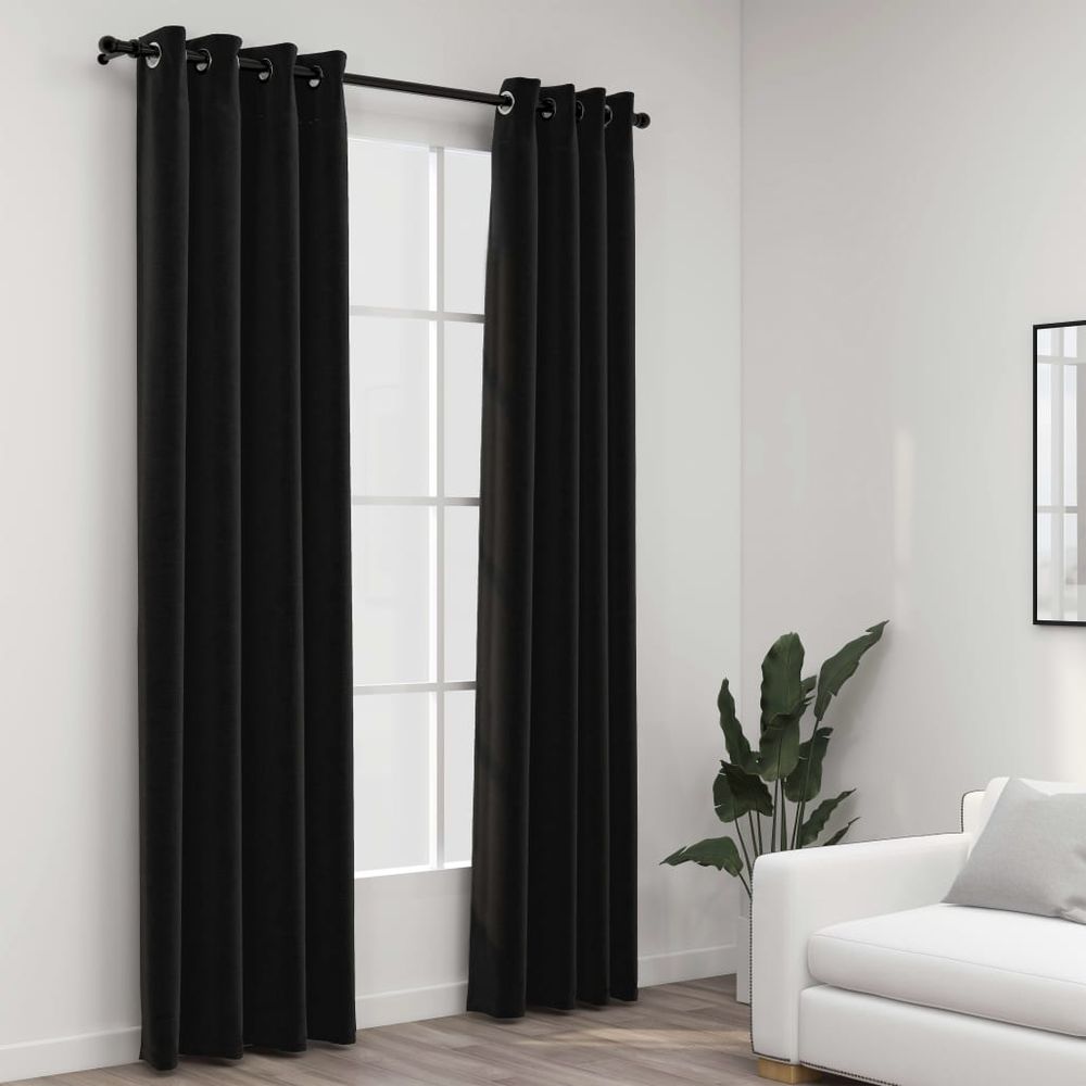 vidaXL Linen-Look Blackout Curtains with Grommets 2pcs Black 140x175cm vidaXL