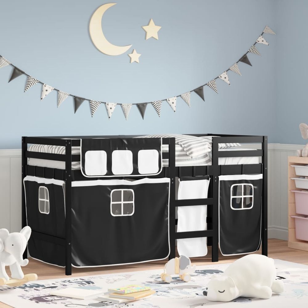 vidaXL Kids' Loft Bed with Curtains White&Black 80x200 cm Solid Wood Pine black and white vidaXL