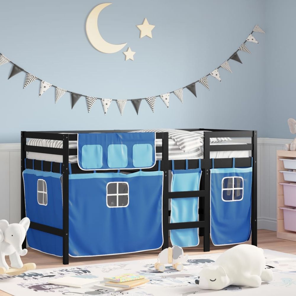 vidaXL Kids' Loft Bed with Curtains White&Black 80x200 cm Solid Wood Pine black and blue vidaXL