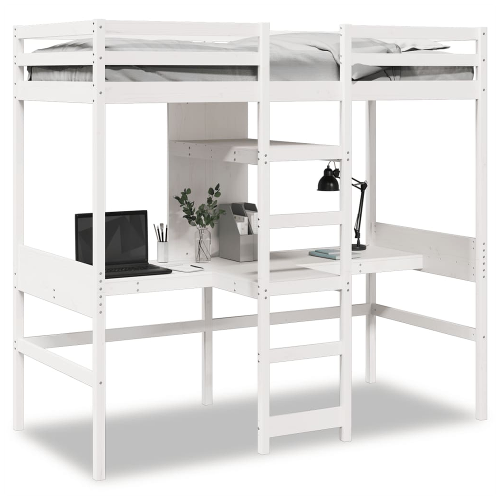 vidaXL Loft Bed Frame with Desk and Shelves White 90x200cm Solid Wood Pine vidaXL