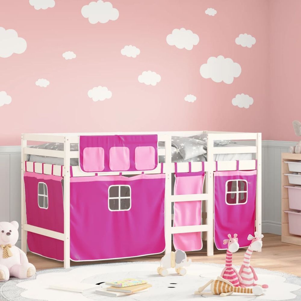 vidaXL Kids' Loft Bed with Curtains White&Black 80x200 cm Solid Wood Pine white and pink vidaXL