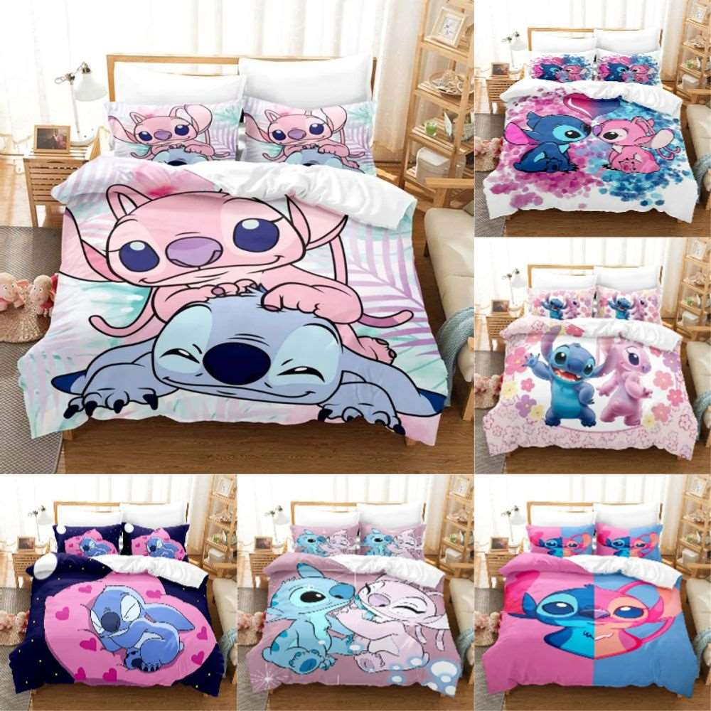 Cartoon Disney Stitch Angel Duvet Cover Set Stitch Post Quilt Cover Pillowcase Bedding Set Kids Adult Comfortable Set Twin King 3 MINISO