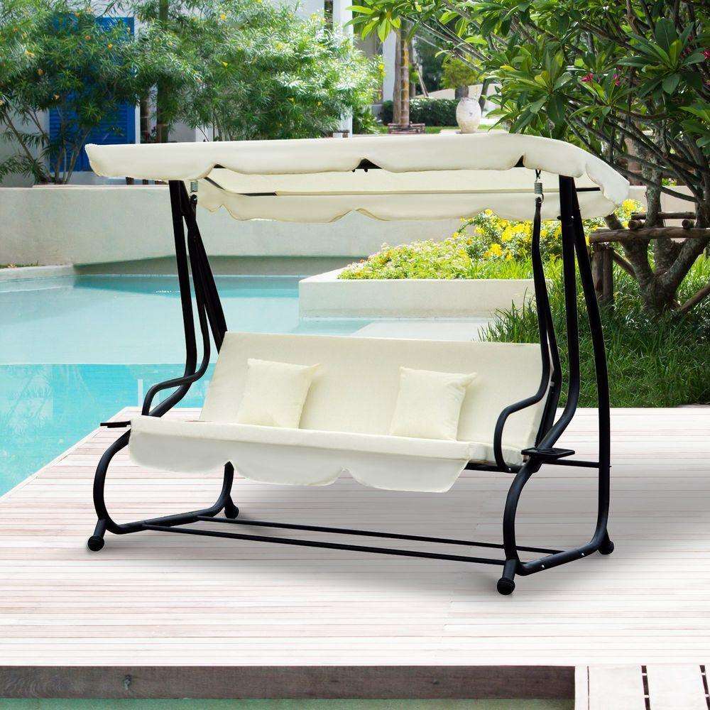 3 Seater Garden Swing Chair Convertible Chair Bench Garden Hammock Cream White Outsunny