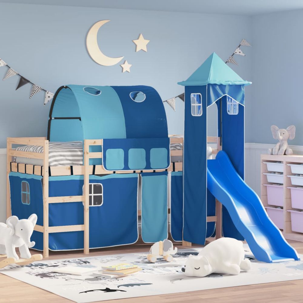 vidaXL Kids' Loft Bed with Tower White&Black 80x200cm Solid Wood Pine natural and blue vidaXL