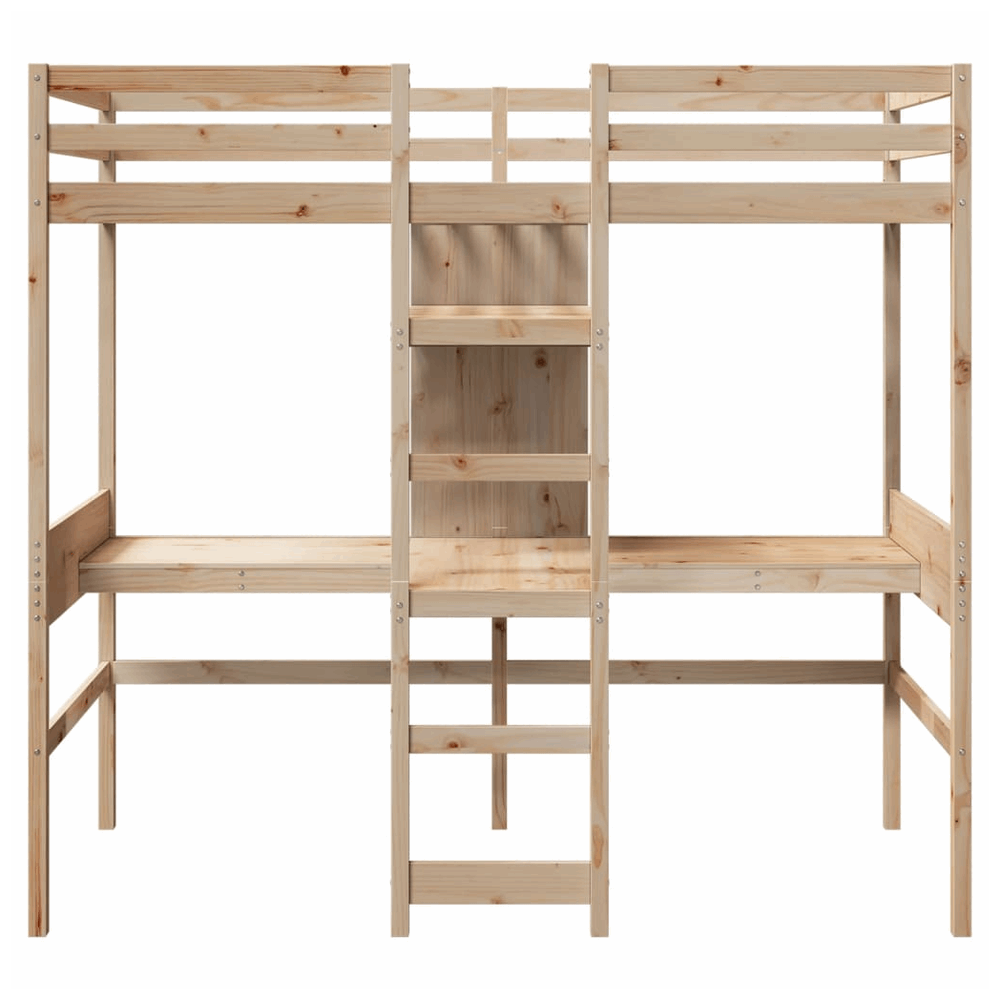 vidaXL Loft Bed Frame with Desk and Shelves 90x200cm Solid Wood Pine vidaXL