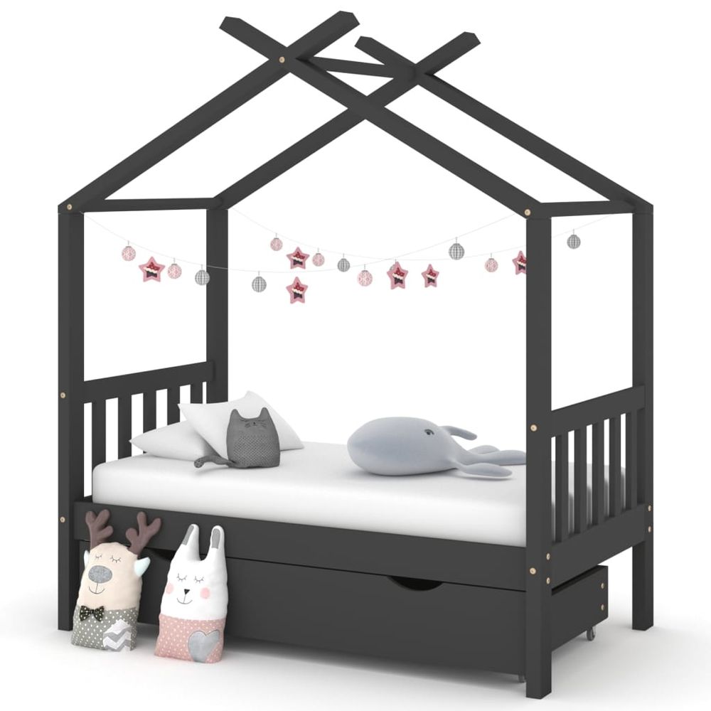 vidaXL Kids Bed Frame with a Drawer Solid Pine Wood 70x140 cm dark grey vidaXL