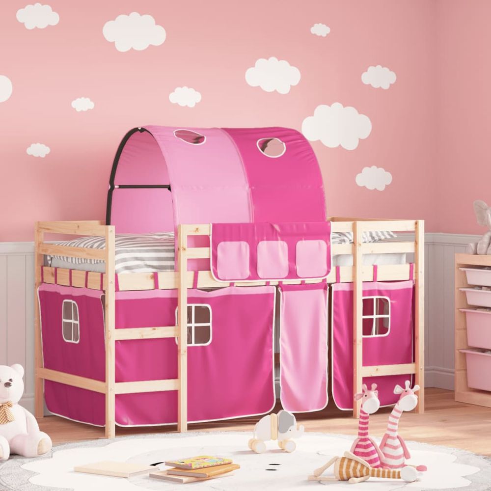 vidaXL Kids' Loft Bed with Tunnel White&Black 80x200cm Solid Wood Pine natural and pink vidaXL