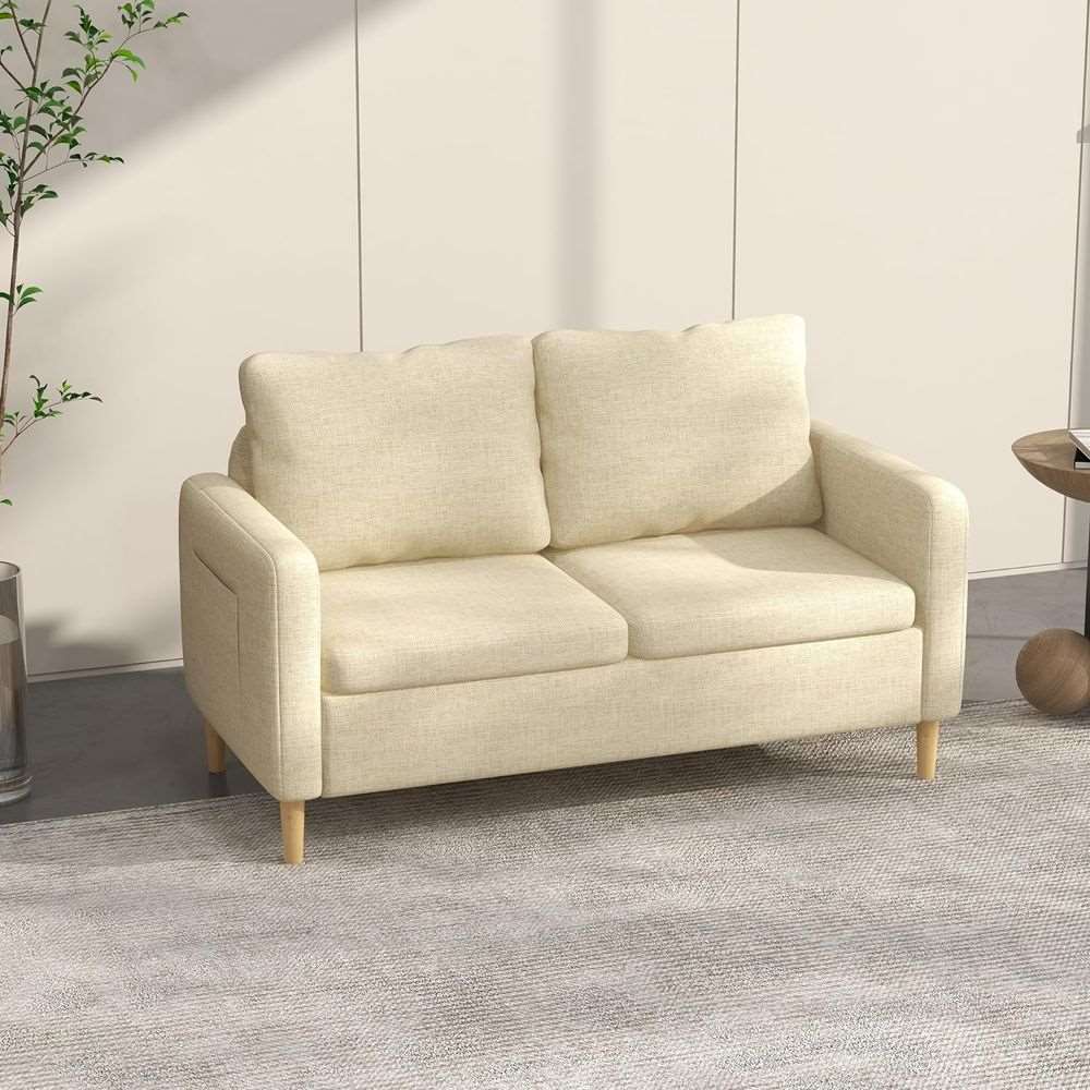 HOMCOM 2 Seater Sofa Modern Fabric Couch with Wood Legs and 2 Pockets Beige HOMCOM