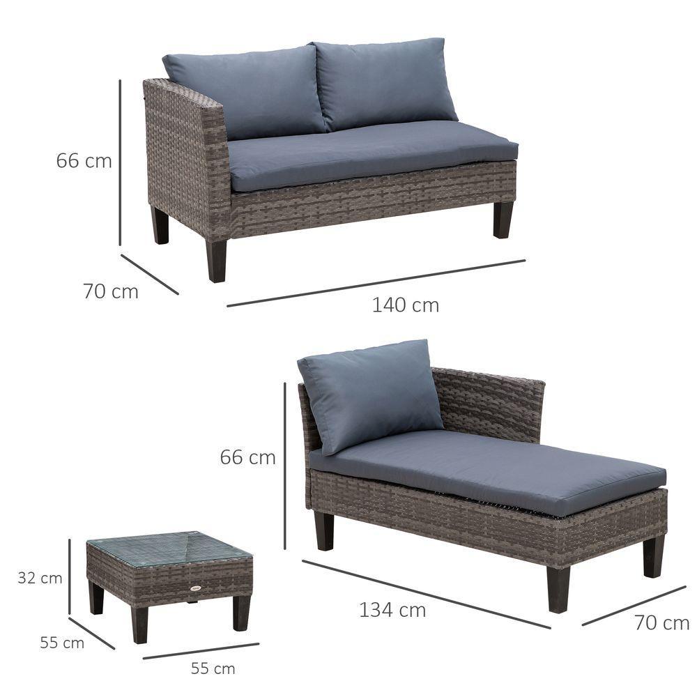 3-Seater Outdoor Garden PE Rattan Furniture Set Grey Outsunny