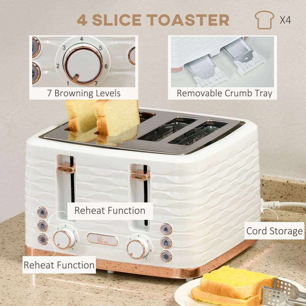 HOMCOM Kettle and Toaster Set 1.7L Rapid Boil Kettle & 4 Slice Toaster White HOMCOM