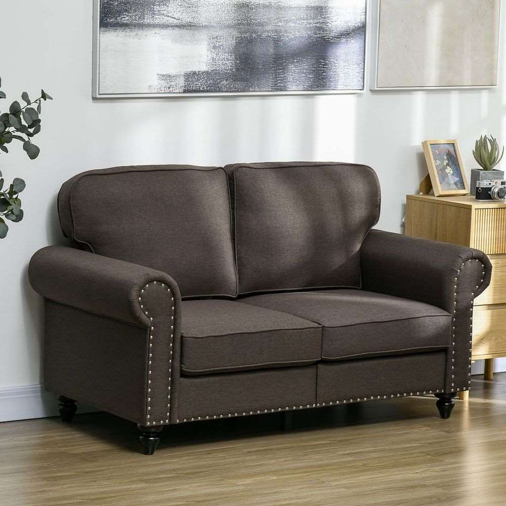 HOMCOM 2 Seater Sofa for Living Room, with Nailhead Trim, Dark Brown HOMCOM