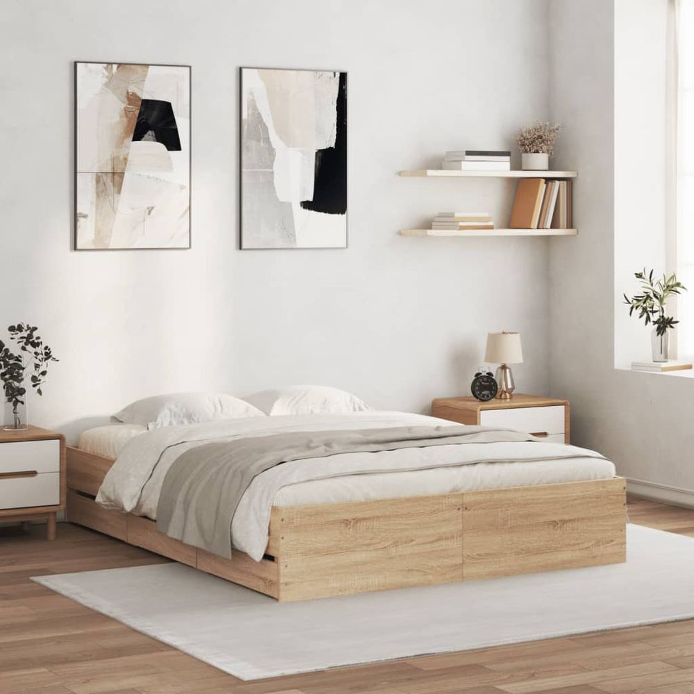 vidaXL Bed Frame with Drawers Sonoma Oak 140x190 cm Engineered Wood vidaXL