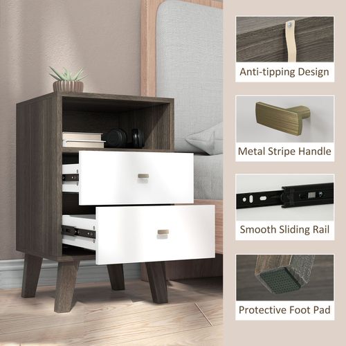 HOMCOM Bedside Tables Set of 2, Modern Nightstand with 2 Drawers and Open Cubby PawHut