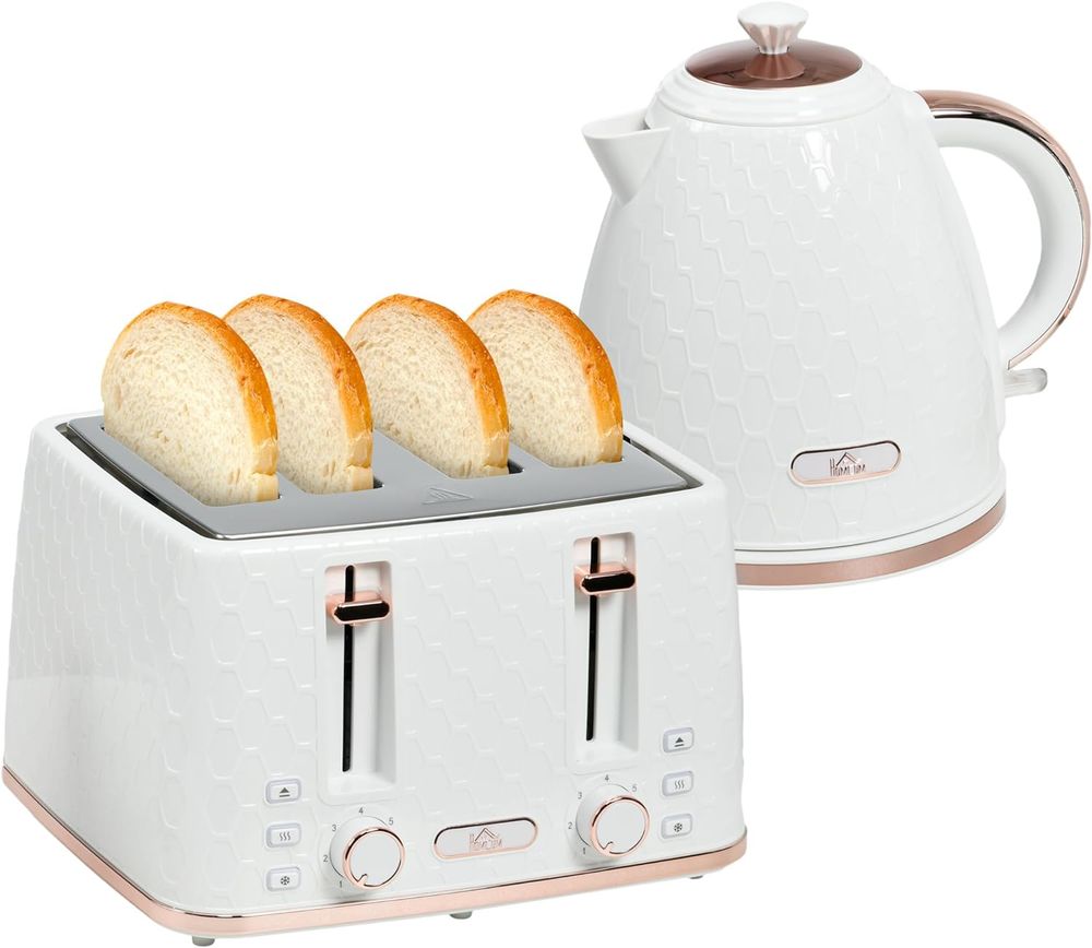 HOMCOM 1.7L Kettle and Toaster Set with Defrost, Reheat and Crumb Tray, White HOMCOM