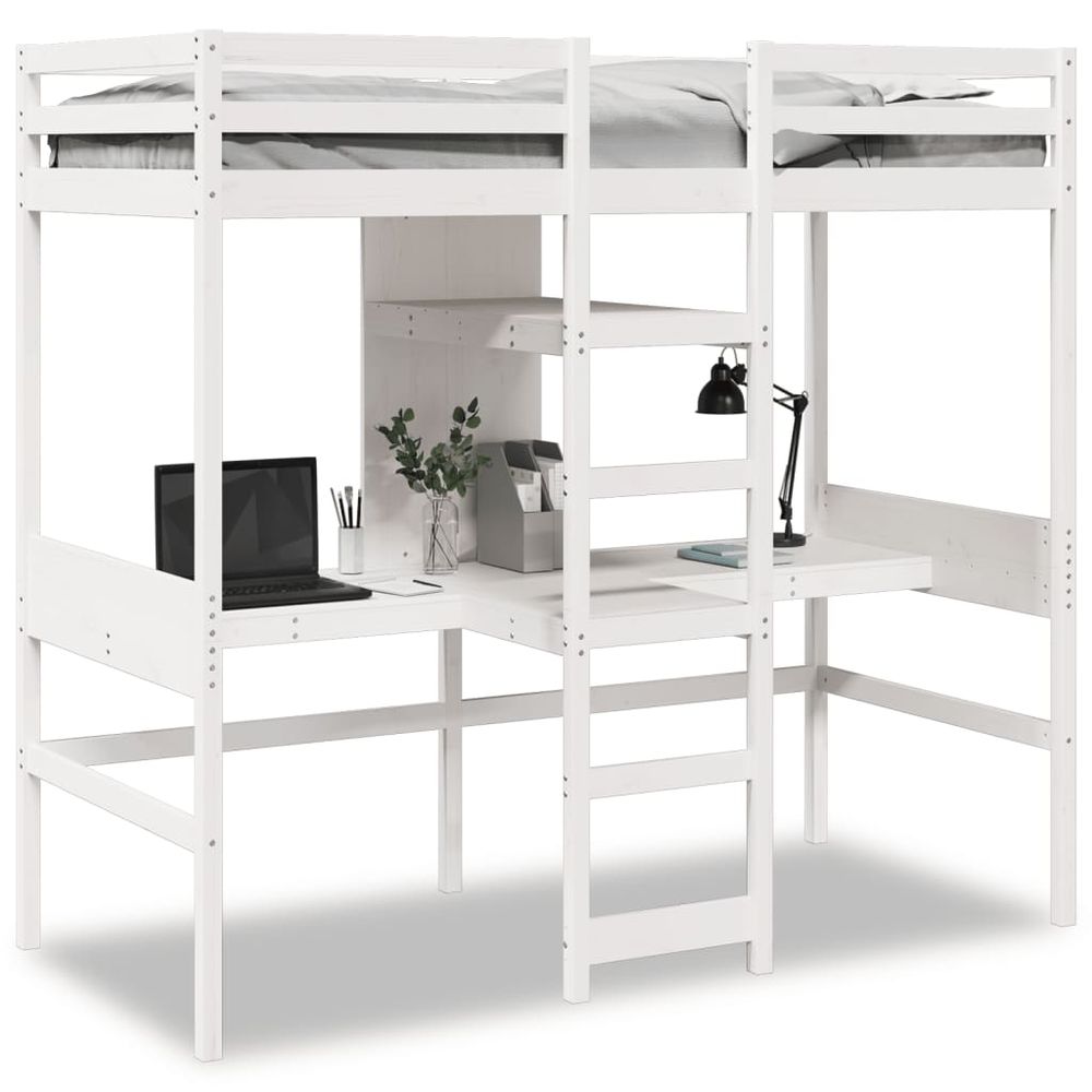 vidaXL Loft Bed Frame with Desk and Shelves White 90x200cm Solid Wood Pine vidaXL