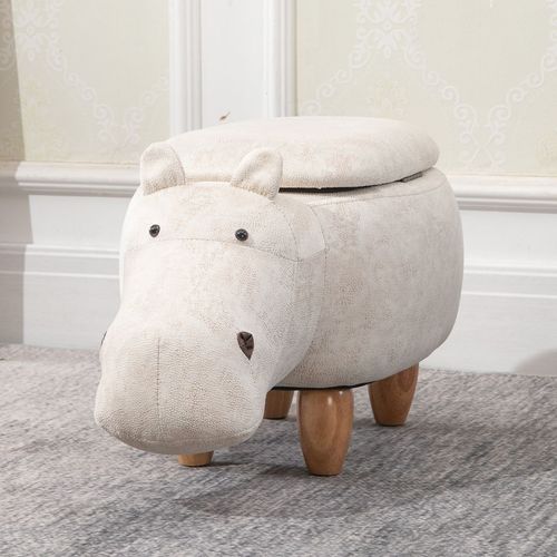 HOMCOM Hippo Storage Stool Cute Decoration Footrest Wood Frame Legs Cream HOMCOM