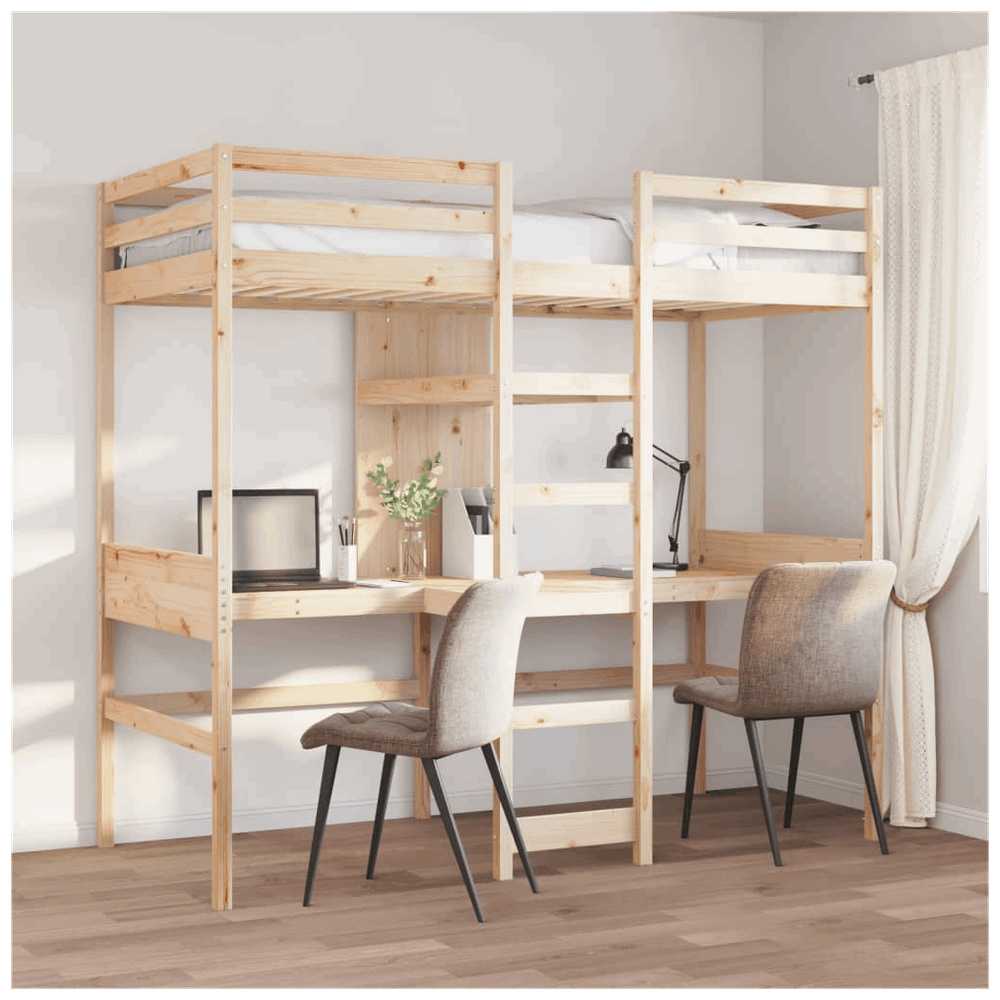 vidaXL Loft Bed Frame with Desk and Shelves 90x200cm Solid Wood Pine vidaXL