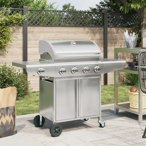 vidaXL Gas BBQ Grill with 5 Burners Silver Stainless Steel vidaXL