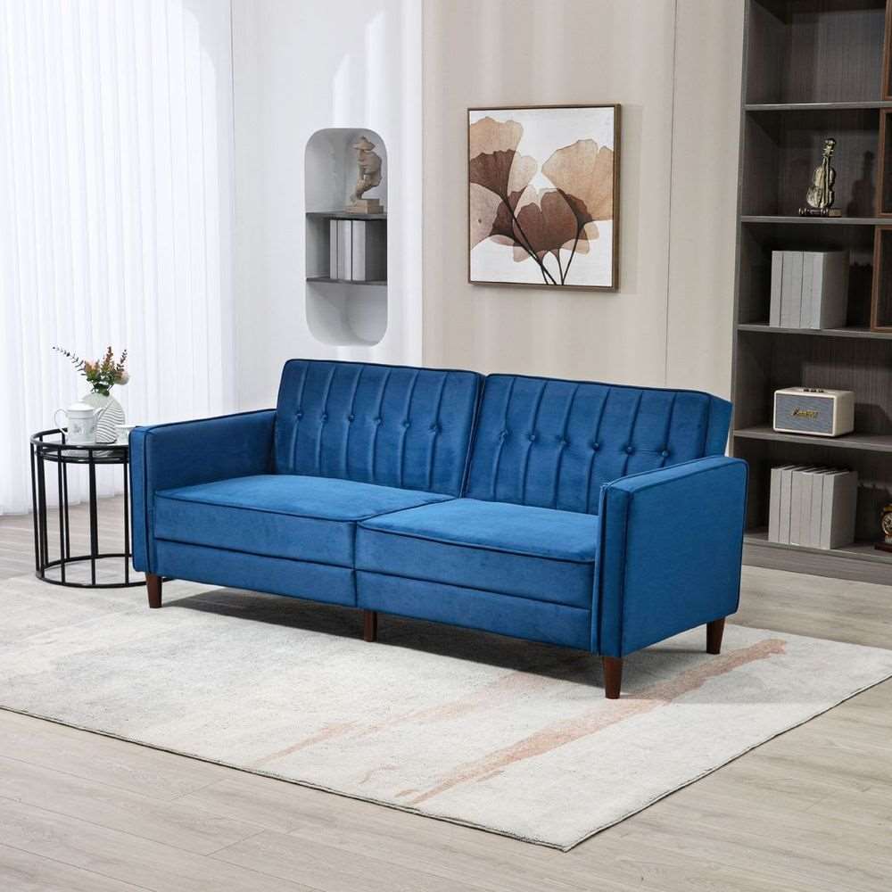 HOMCOM Convertible Sofa Futon Velvet-Touch Tufted Couch Sofa Bed Split Back Blue HOMCOM