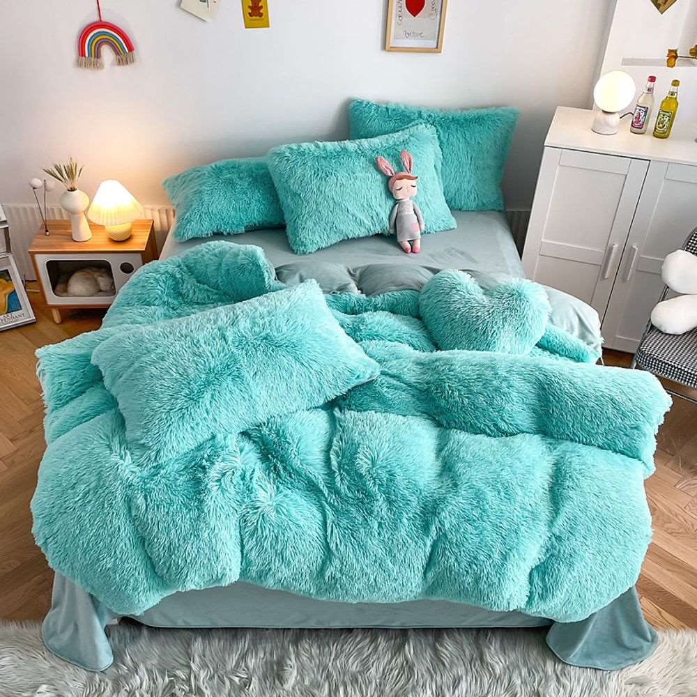 3Pcs Fluffy Black Plush Shaggy Duvet Cover +2Pcs Pillowcases Zipper Bedding set Soft Velvet N/A