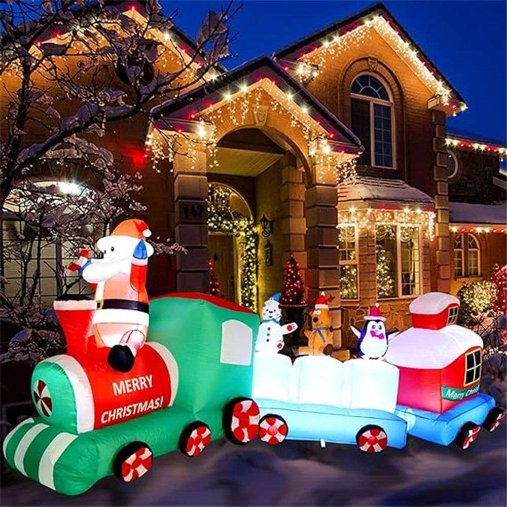 2.7m/9FT Length Christmas Decoration Inflatable Train Built-in LED Lights Indoor Outdoor Inflatable Ornament Party Garden Decor N/A