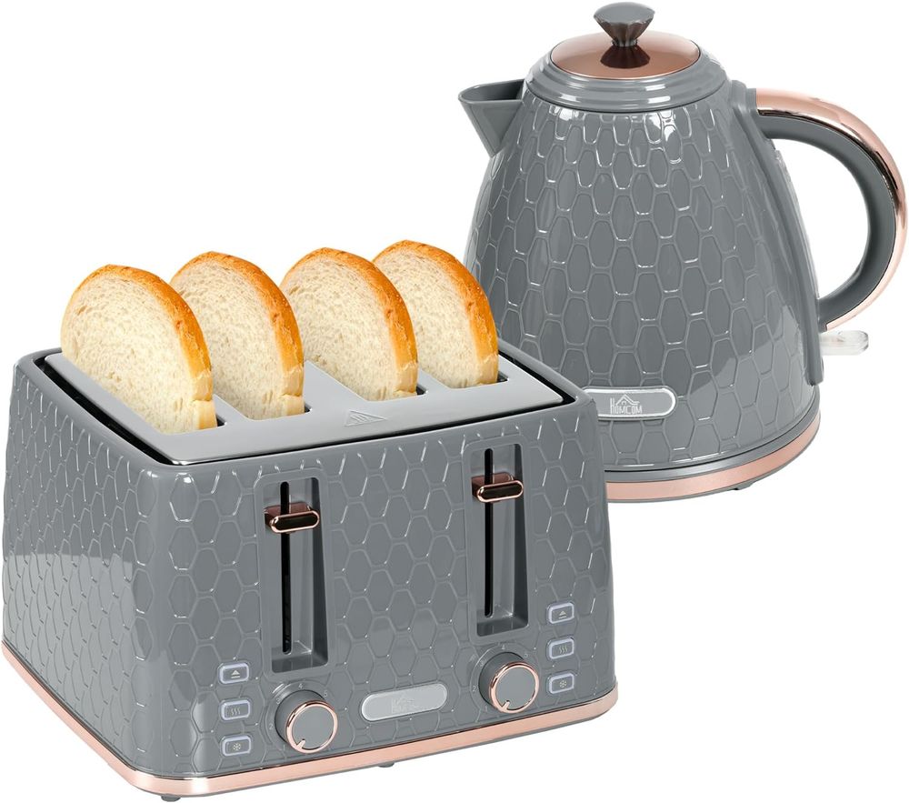 HOMCOM 1.7L Kettle and Toaster Set with Defrost, Reheat and Crumb Tray, Grey HOMCOM