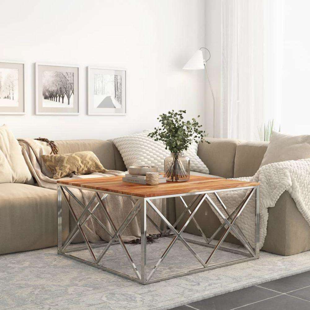 vidaXL Coffee Table Silver Stainless Steel and Tempered Glass silver and light brown wood vidaXL