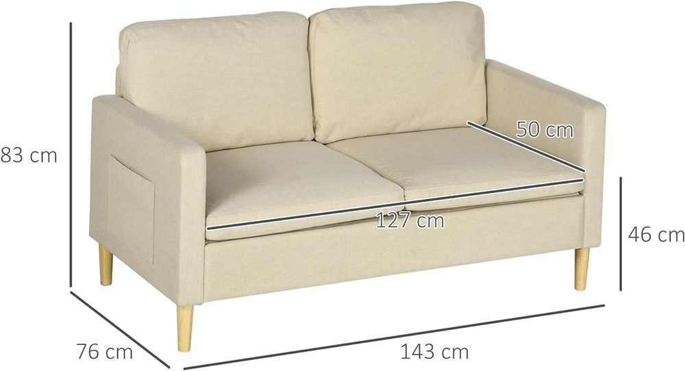 HOMCOM 2 Seater Sofa Modern Fabric Couch with Wood Legs and 2 Pockets Beige HOMCOM