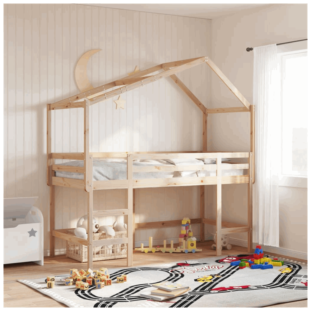 vidaXL Loft Bed with Ladder and Roof 90x200 cm Solid Wood Pine vidaXL