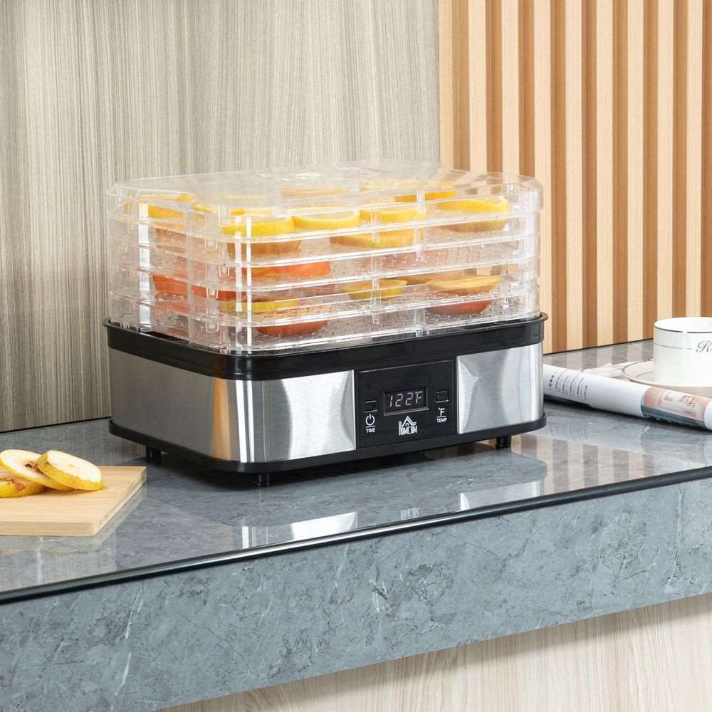 5 Tier Food Dehydrator 245W Stainless Steel Food Dryer Machine Timer LCD Silver HOMCOM