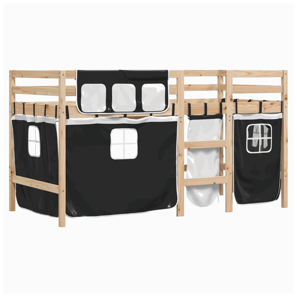 vidaXL Kids' Loft Bed with Curtains White&Black 80x200 cm Solid Wood Pine vidaXL