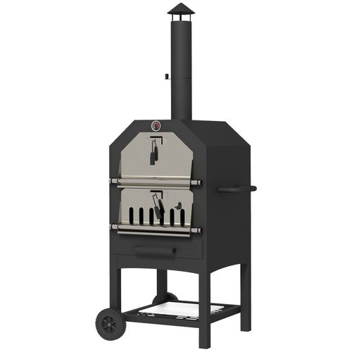 Outsunny Outdoor Pizza Oven Charcoal Grill with Rain Cover, Shelf and Wheels Outsunny