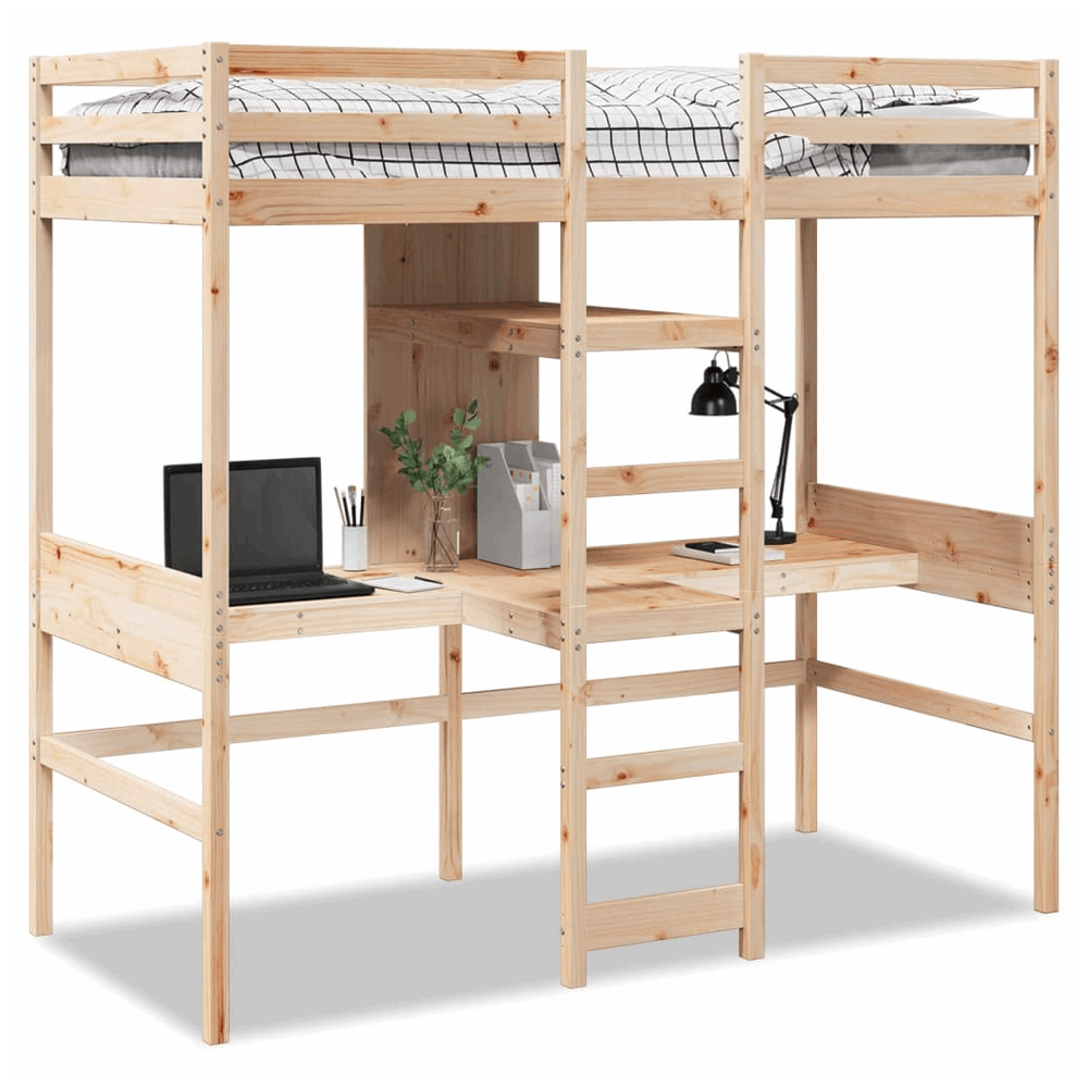 vidaXL Loft Bed Frame with Desk and Shelves 90x200cm Solid Wood Pine vidaXL