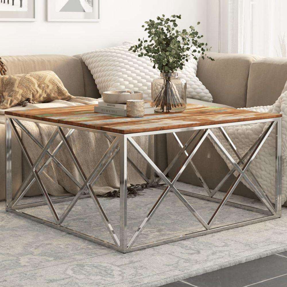 vidaXL Coffee Table Silver Stainless Steel and Tempered Glass silver and brown wood vidaXL