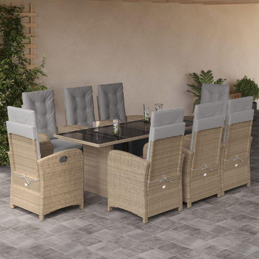 vidaXL 7 Piece Garden Dining Set with Cushions Black Poly Rattan beige and grey glass vidaXL