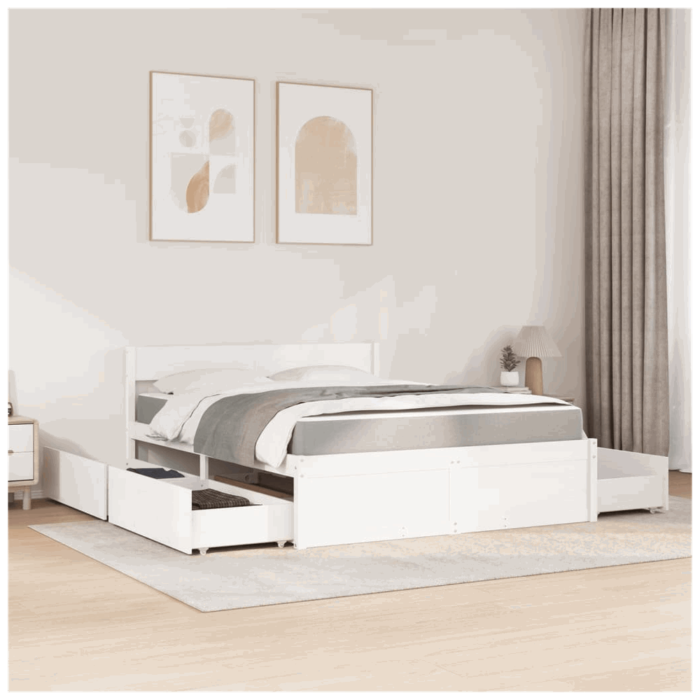 vidaXL Bed with Drawers and Mattress White 140x200 cm Solid Wood Pine vidaXL