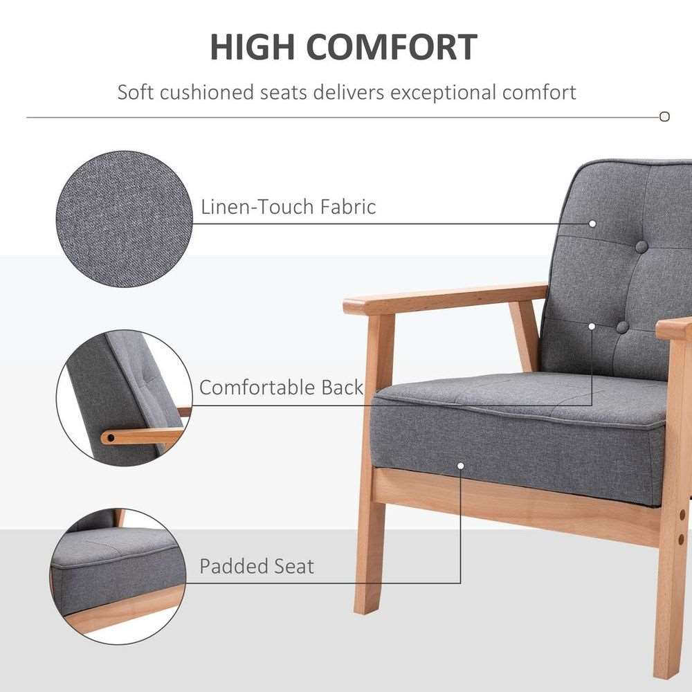 Retro Single Sofa Armchair Beech Wood Frame Padded Cushion Linen Fabric Grey HOMCOM