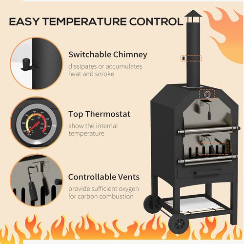 Outsunny Outdoor Pizza Oven Charcoal Grill with Rain Cover, Shelf and Wheels Outsunny