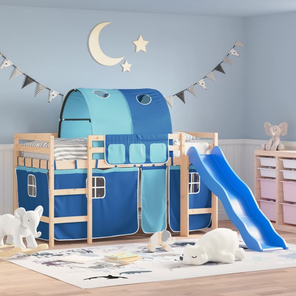 vidaXL Kids' Loft Bed with Tunnel White&Black 80x200cm Solid Wood Pine natural and blue vidaXL