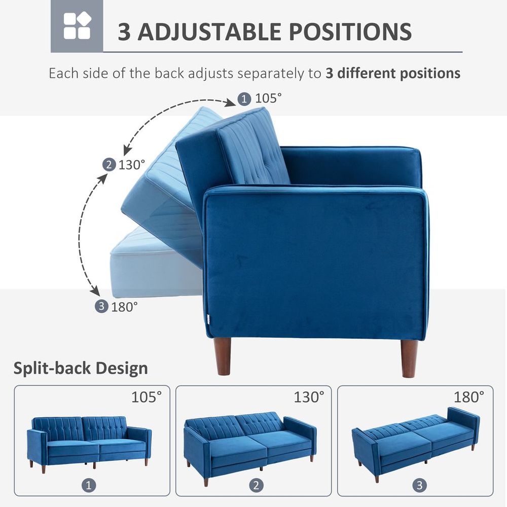 HOMCOM Convertible Sofa Futon Velvet-Touch Tufted Couch Sofa Bed Split Back Blue HOMCOM