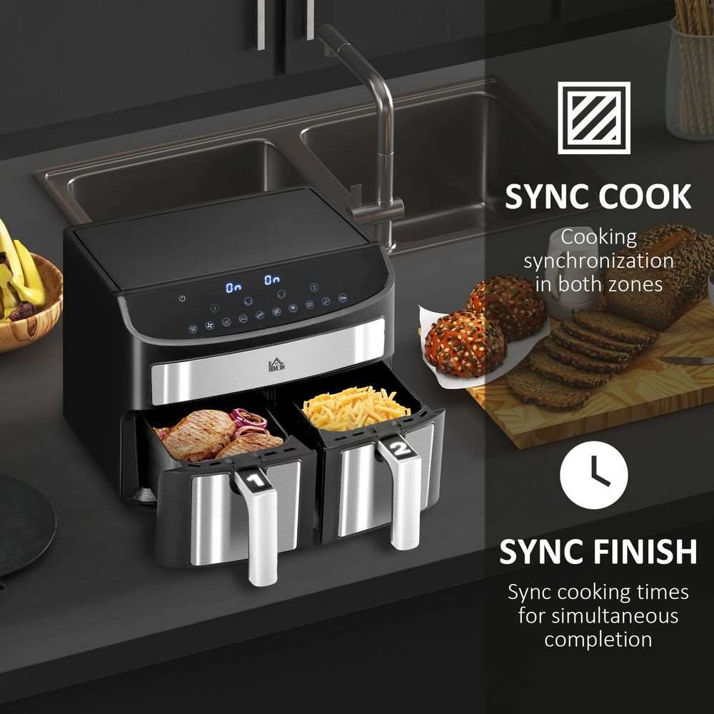 HOMCOM Oil Free Dual Air Fryer 10-in-1 8L w/ Sync Cook & Sync Finish Timer 2400W HOMCOM