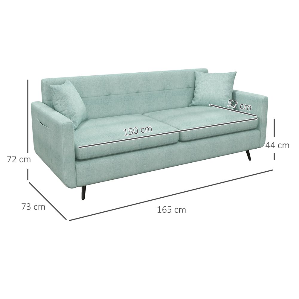 HOMCOM 2 Seater Sofa 165cm Modern Fabric Couch with Wood Legs and Pockets Blue HOMCOM