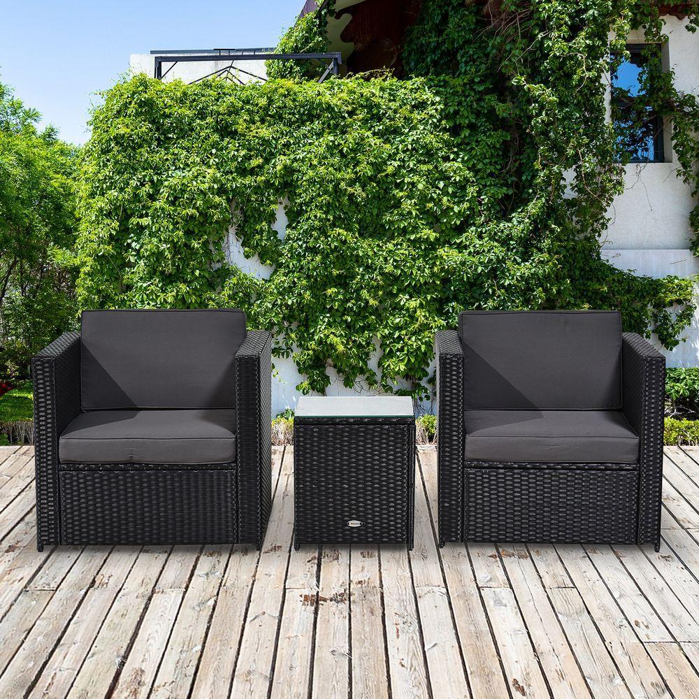 Outsunny 2 Seater Rattan Sofa Furniture Set W/Cushions, Steel Frame-Black Outsunny