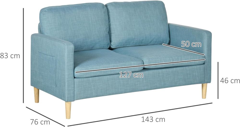 HOMCOM 2 Seater Sofa Modern Fabric Couch with Wood Legs and 2 Pockets Blue HOMCOM