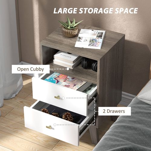 HOMCOM Bedside Tables Set of 2, Modern Nightstand with 2 Drawers and Open Cubby PawHut