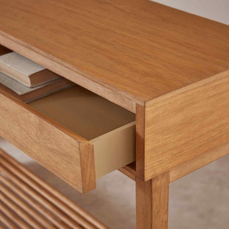 Fishe and Lilly Console Table in natural wood with a spacious drawer for storage