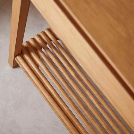 Close-up of Fishe and Lilly Console Table showcasing the stylish slatted shelf design