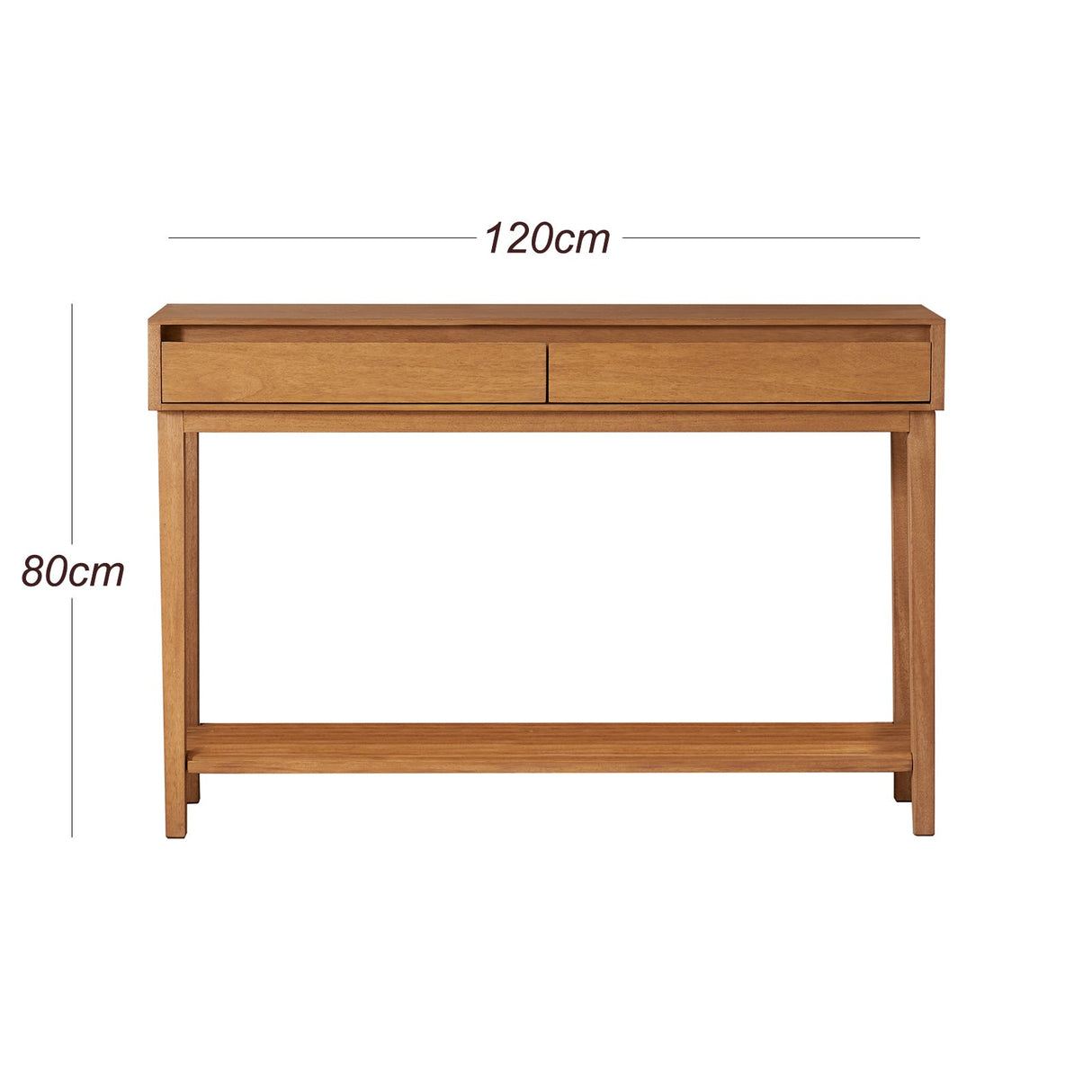 Fishe and Lilly Console Table in natural wood finish with two drawers and dimensions 120cm x 80cm