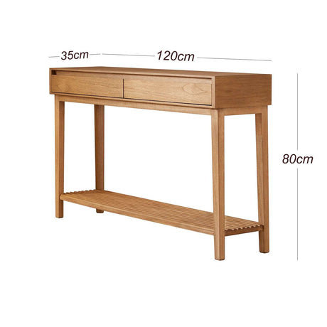 Fishe and Lilly Console Table in light wood with two drawers and a slatted lower shelf
