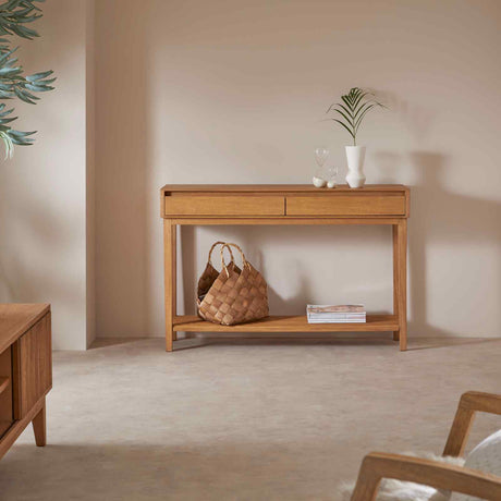 Fishe and Lilly Console Table in natural wood with a drawer and minimalist design for stylish interiors